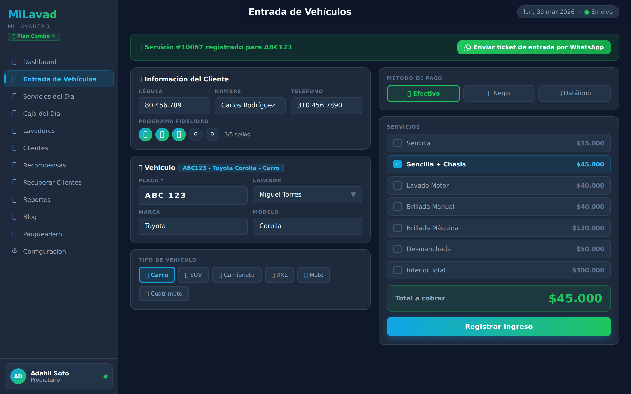Dashboard MiLavad — Entrada de Vehículos
